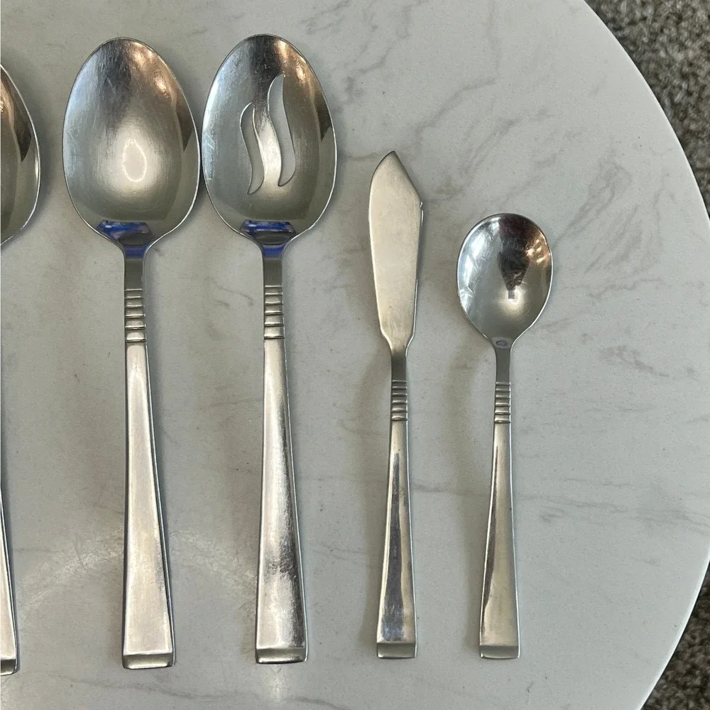 Libbey Flatware Serving Set Stainless Steel Retro Modern Hostess Utensils